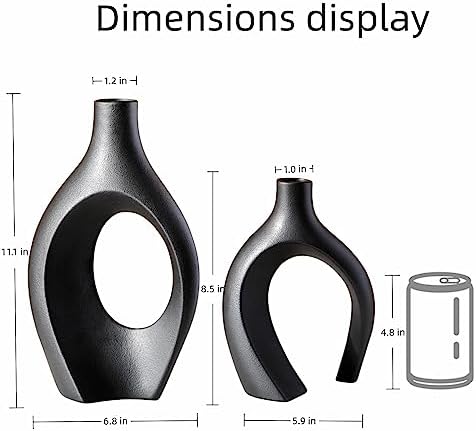 Levvohd XL Black Ceramic Vase Set of 2 for Modern Home Decor, Neutral Boho Round Donut Pampas Grass Vases, Nordic Aesthetic Vase, for Living Room Coffee Table Fire Place Book Style Shelf (H 11.1") - Image 5