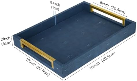 HofferRuffer Faux Leather Serving Tray with Gold Metal Handles, Stylish Decorative Tray Organizer for Coffee Table, Ottoman, Home Decor and Serving (Blue Shagreen, 16.2" x 12.2" x 2") - Image 2