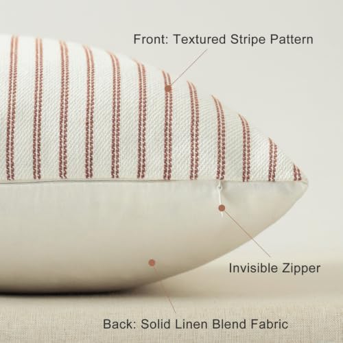 YCOLL Farmhouse Fall Pillow Covers 26x26, Modern Accent Square Throw Pillow Covers Set of 2, Rust and Beige Striped Patchwork Linen Decorative Cushion Covers for Couch Chair Bedroom Fall Decorations - Image 2