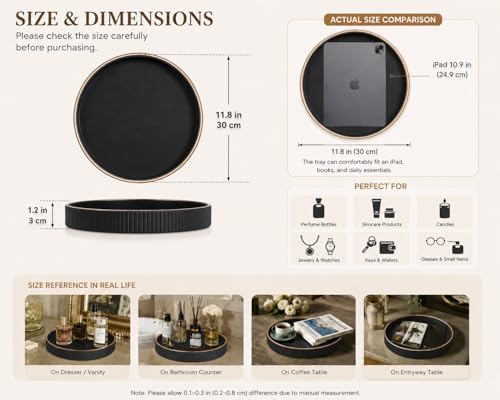 KINGFOM Round Decorative Tray for Coffee Table, PU Leather Valet Nightstand Desk Organizer for Men Women, Golden Trim Tray for Home Decor Living Room Dining Table, Perfume Trays Organizer Black - Image 4