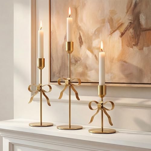 Bow Candle Holder - Set of 3 Metal Gold Bow Candlestick Holder, Modern Decorative Taper Candle Holder for Centerpiece Dining Table Wedding Holiday Housewarming Gift, Gold Finish (Style1-Gold) - Image 3