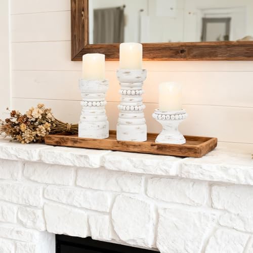 Rustic White Wood Candle Holders Set of 3, Farmhouse Beaded Wood Pillar Candle Holder, Candle Holders for Pillar Candles & Candlesticks, Candle Sticks Holder Decor for Table Centerpiece - Image 6