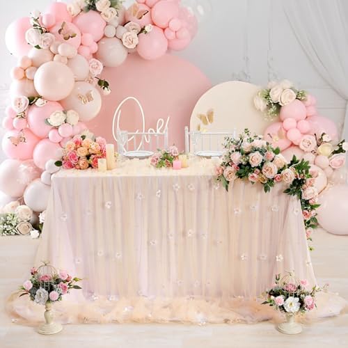 3 Pack Champagne Pearl Tulle Tablecloths 10ft Floral Sheer Table Linens - Image 3