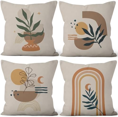 Bohemian Abstract Throw Pillow Covers 24"x24" Set of 4, Minimalist Geometric Leaves Sunset Moon Cushion Cover for Sofa Chair Couch Bed Office Garden Patio Farmhouse Indoor Outdoor by VieSavaran