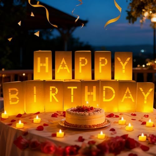 Happy Birthday Decoration for Men Women, Valentine’s Day Light Up Letters Luminary Bags with 30 Bright LED Candles, 2000 Rose Petals, 10 Balloons, Surprise Birthday Party Banner Signs - Image 7