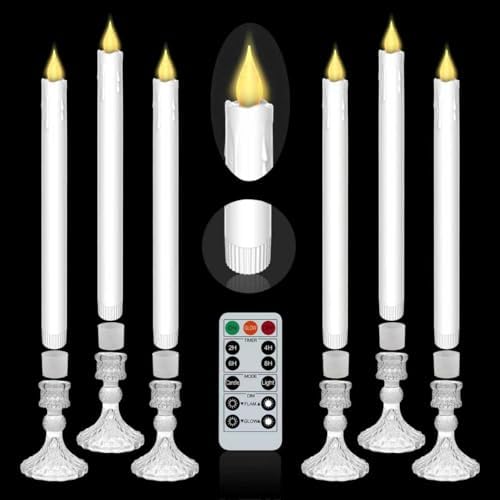 Flameless Taper Candles with Illuminated Glass Candle Holder, Remote Timer 2AA Battery Operated for Thanksgiving/Xmas Decor, Wedding Centerpiece (White, 6 Pack) - Image 4