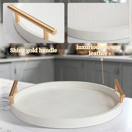 2 Piece White Round Serving Tray with Handles, Woven-Texture Faux Leather Ottoman Tray for Living Room, Decorative Tray for Coffee Table Home Decor - Image 4
