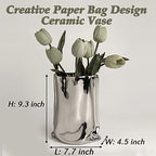 BLOFLO Silver Ceramic Modern Vase Crinkle Fold Paper Bag Handmade Ceramic Vase, Creative Flower Arrangement Ornaments, Decorative Vases for Home Decor, Mantel, Living Room Decoration (Silver) - Image 2