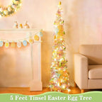 Timer - Easter Decorations, 5Ft Lighted Easter Tree with 50 LED Warm White Lights 12 Colorful Eggs Ornaments Battery Operated Easter Egg Tree Pop Up Tinsel Collapsible Tree for Home Porch Office Party - Image 4