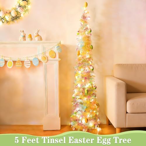 Timer - Easter Decorations, 5Ft Lighted Easter Tree with 50 LED Warm White Lights 12 Colorful Eggs Ornaments Battery Operated Easter Egg Tree Pop Up Tinsel Collapsible Tree for Home Porch Office Party - Image 4