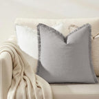 decorUhome Linen Fringe Light Grey Throw Pillow Covers 18x18 Set of 2 - Image 4