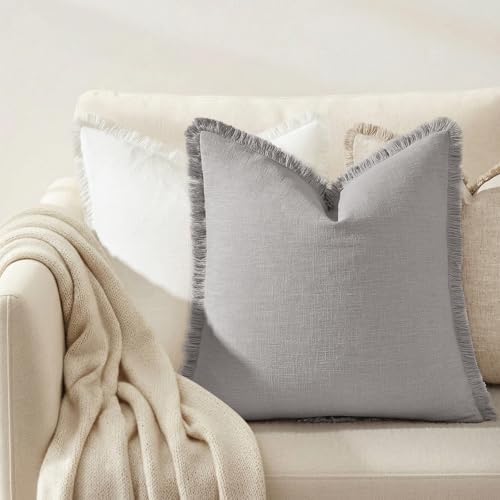 decorUhome Linen Fringe Light Grey Throw Pillow Covers 18x18 Set of 2 - Image 4
