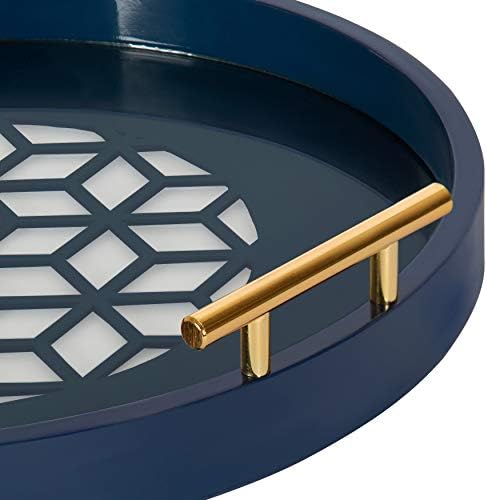 Kate and Laurel Caspen Round Cut Out Pattern Decorative Tray with Gold Metal Handles, 15.5", Navy and Gold - Image 3