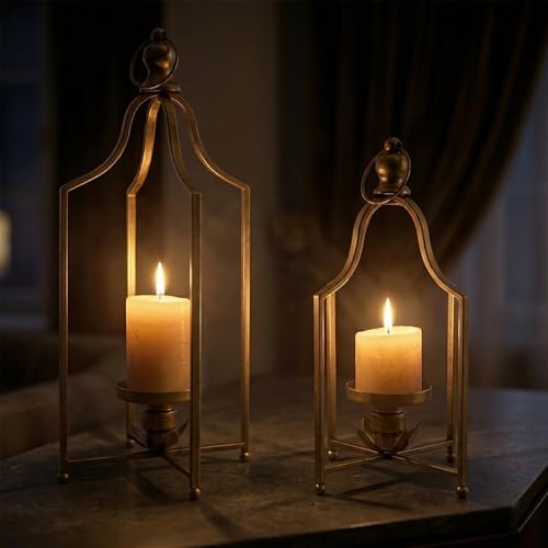 12.5" & 16.5" Timeless Cozy Decorative Lanterns Set of 2, Handcrafted Metal Iron Candle Holders, Farmhouse Elegance Fireplace Mantel Table Festive Gatherings Decor (Antique Gold) - Image 3