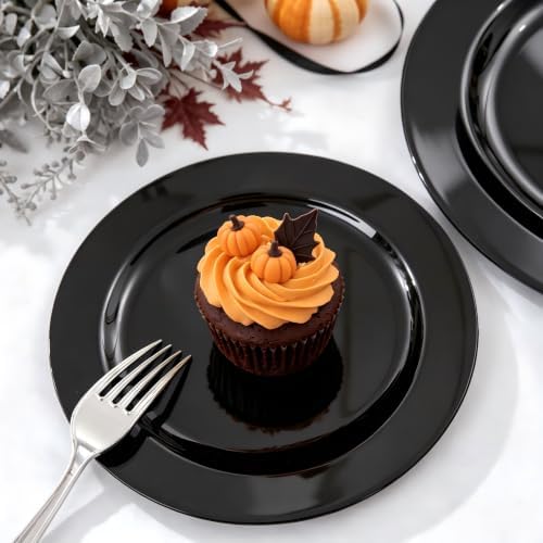 FLOWERCAT 60PCS Black Plastic Plates - Heavy Duty Black Disposable Plates for 30 guests Birthday Party/Wedding/Halloween- Include 30PCS 10.25inch Dinner Plates and 30PCS 7.5inch Dessert Plates - Image 4