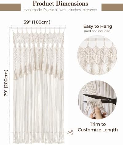 BECHAEO Boho Macrame Curtain with Arch Tassels, 1PC 39" x 79" White B - Image 6