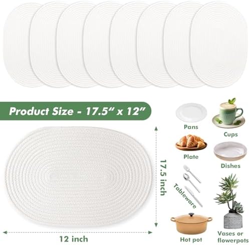 Oval Woven Placemats Set of 8 Heat Resistant Placemats 17 x 12 Inches Farmhouse Cotton Rope Place Mats for Dining Tables Trivets for Hot Dishes, White - Image 3