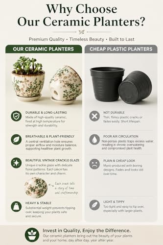 Retro Ceramic Garden Pots, 5.8 Inch Plant Pots with Drainage and Attached Saucer Set of 4, Chinoiserie Floral Large Flower Pots for Home Decor, Plant Lover Gifts, White Green - Image 7