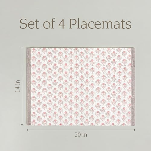 Over&Back Set of 4 Hand-Blocked Placemats - Colorful Dining Table Mat - Each Placemat is Unique - 100% Cotton - Machine Washable - Kitchen and Home Decor - Pink Blossom - Image 5
