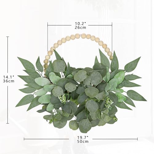 Artificial Eucalyptus Wreaths with Wood Bead for Front Door 10" Eucalyptus Leaves Wreaths Spring Summer Decoration Boho Farmhouse Wall Decor 2 Pack - Eucalyptus - Image 2