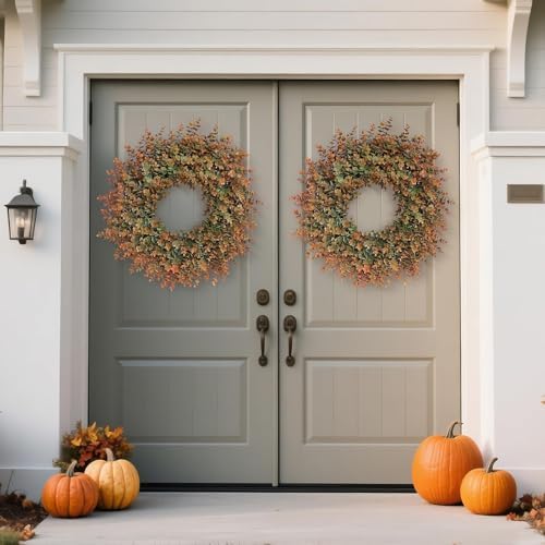 26" Large Fake Eucalyptus Fall Wreath for Front Door Decor(Orange-Green) - Image 3
