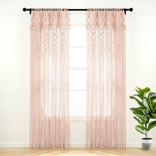 Lush Decor Boho Macrame Textured Cotton Window Curtain Panel Single 40" W x 84" L Blush - Macrame Curtains for Windows, Room Divider, Boho Wall Decor by LushDecor