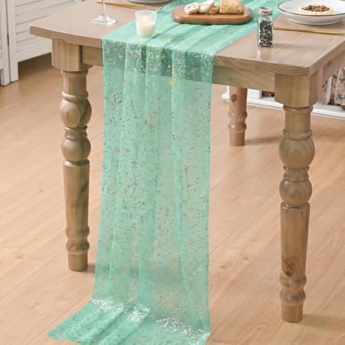 Artoid Mode 6Pcs Turquoise Gauze Gold Table Runner 10FT, Glitter Metallic Foil Sheer Dining Wedding Anniversary Holiday Table Decor for Home Party - Image 4