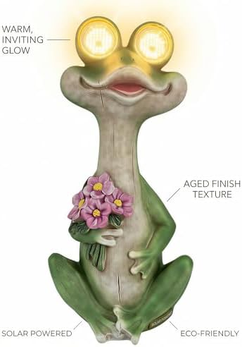 iStatue Solar Frog Garden Statue with Blinking Light-Up Eyes, Resin Outdoor Garden Decor Frog Holding Flowers, Waterproof Animal Figurine for Patio Lawn Yard Porch Balcony (Green) - Image 6