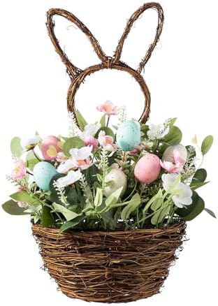 Glizthome 18" H Easter Wreath Decorations Bunny Shape Basket Wreath Artificial Flower for Front Door Spring Home Dining Table Baby Shower Farmhouse - Image 4