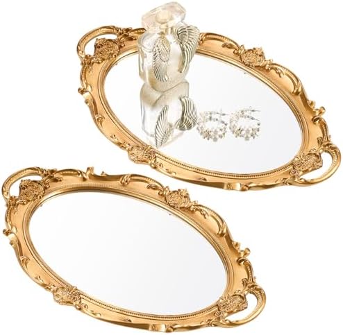 Reallnaive 2 Pcs Vintage Gold Mirror Tray Set, Gold, Ornate by Reallnaive