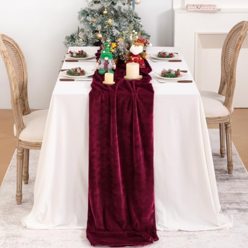 DeZerlor 3pcs Burgundy Fall Winter Velvet Table Runner 20 x 120 Inch - Image 4