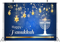 BELECO 20x10ft Fabric Happy Hanukkah Photography Backdrop Blue Chanukah Holiday Decorations Banner Background Menorah Golden Stars Bokeh Glitter Spots Jewish Holy Festival Party Supplies Photo Props by BELECO