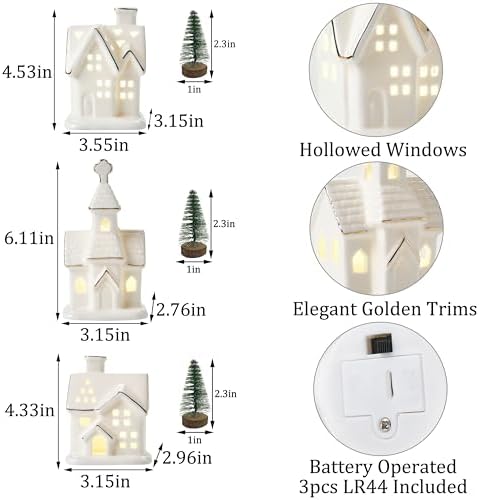 White Christmas Village Houses, Glazed Ceramic Houses with Xmas Trees Set - Image 2