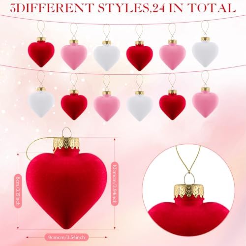 Moucuny 24 Pcs 3.15 Inch Valentines Day Ornaments for Tree Large Hanging Heart Ornaments Heart Shaped Tree Baubles Velvet Ball for Party Wedding Anniversary Mothers Valentine Decor, Pink, Red, White - Image 2