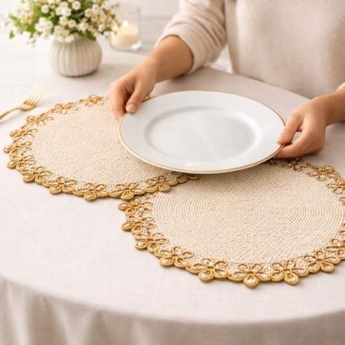 Beaded Placemats for Dining Table Ivory Gold -Set of 2 13 Inches Beaded Placemats Round for Gathering, Thanksgiving - Occasional Decoration and Family Parties Celebrations - Image 7