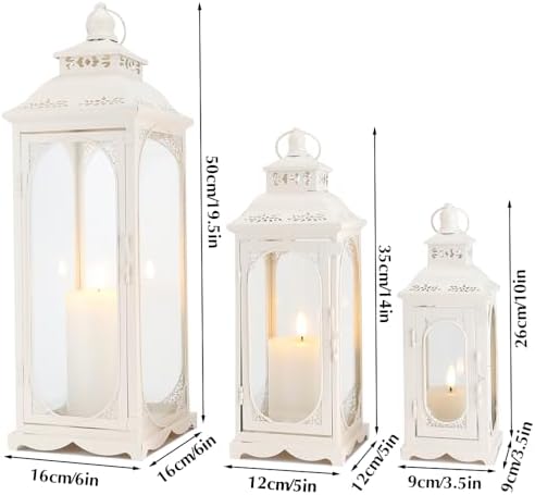 TRIROCKS Set of 3 Vintage Candle Lanterns 10/14/19.5'' High Decorative Outdoor Lantern Metal Candle Holder with Tempered Glass for Home Living Room Garden Yard Parties Events Indoors Outdoors (White) - Image 5