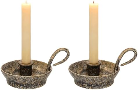 4" Set of 2 Cast Iron Taper Candle Holder and Handle in Rustic Gold, Taper Candle Holder, Farmhouse Vintage Style, for Mantels, Tabletop, Centerpieces, Entryways, Shelves by Unknown