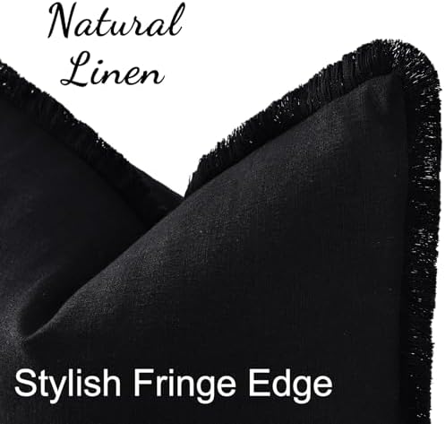 decorUhome Linen Fringe Black Throw Pillow Covers 20x20 Set of 2 - Image 2