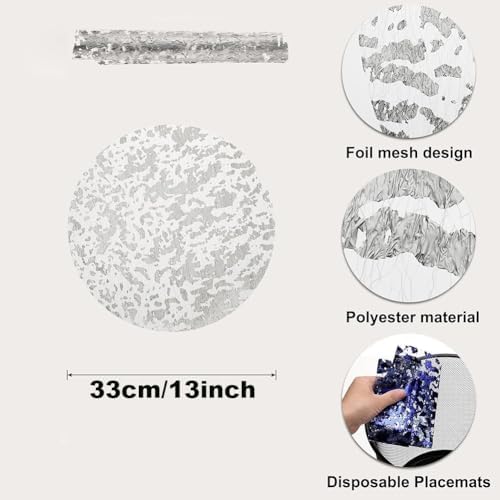 Silver Disposable Placemats 13 Inch Metallic Foil Place Mats Pressed 100 Pack Thin Doilies Table Mats for Home Decoration Dining Table Wedding Birthday Party - Image 2