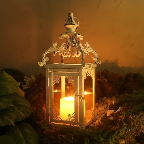 Large Candle Lantern, Decorative Hanging Lantern, Vintage Metal Tabletop Lantern for Outdoor Patio Rustic Home Decor, Candle Holders with Clear Glass (White) - Image 2
