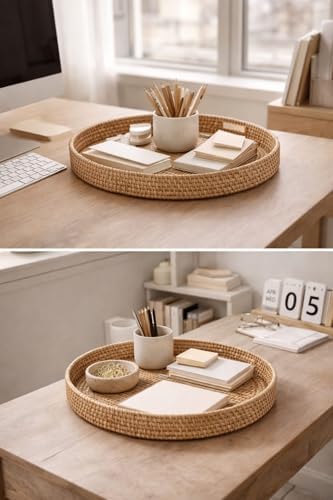 Round Rattan Serving Tray Set (2 Nesting Sizes) with Handles, 4 Coasters Included, Handwoven Boho Wicker Organizer for Coffee Table or Ottoman, 14.2 x 2.3 in and 11.9 x 1.7 in - Image 3