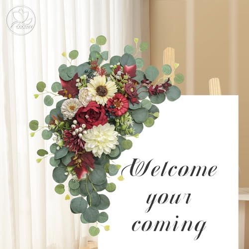 Odouzy Artificial Wedding Arch Flowers for Wedding Sign,Set of 2 for Welcome Ceremony Sign,Faux Floral Swags, Banquet and Reception Backdrop Floral Decoration (White Red) - Image 3