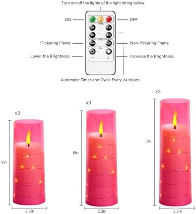 Nimiko Flickering Flameless LED Candles,Battery Operated Candles 9 Pcs with Embedded Star String,Acrylic LED Pillar Candles with Remote,Suitable for Home Decoration to Create an Atmosphere (Pink) - Image 2