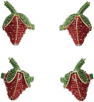 Creative Co-Op 4-Piece Round Handmade Glass Beaded Strawberry Napkin Rings with Gold Cord, Red, Green and Gold Finish - Image 3