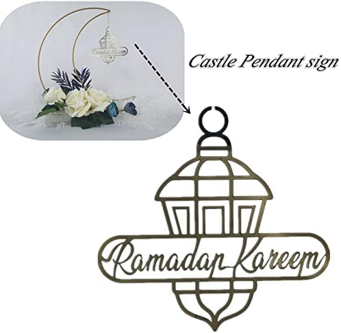 Ramadan Kareem Decorations, Artificial Moon Shape Wreaths Table Decor with Castle Sign, Ramadan Mubarak Metal Rings Floral Ornaments, for Home Desk Fireplace Party Supplies - Image 3