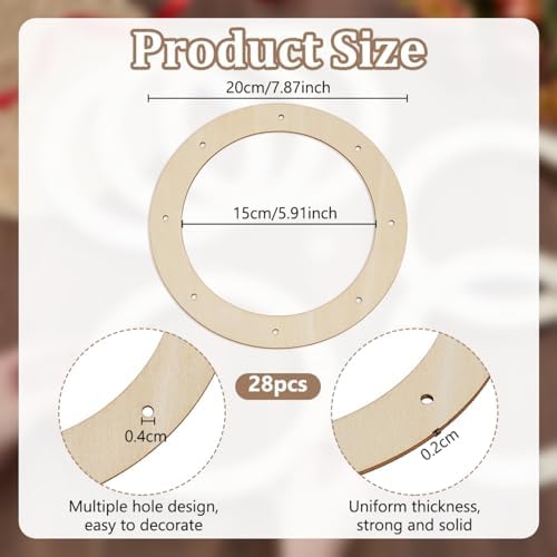 OLYCRAFT 28Pcs 8 Inch Unfinished Wood Wreath Frame Natural Wooden Hoop Frame Unfinished Wood Wreath Rings with Pre-Cut Holes for DIY Floral Arrangements Easter Crafts and Home Wall Door Decor - Image 2