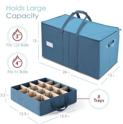 Hearth & Harbor Large Christmas Ornament Storage Box With Adjustable Dividers - Ornament Storage Container For 128 Holiday Ornaments or Decorations - Image 3