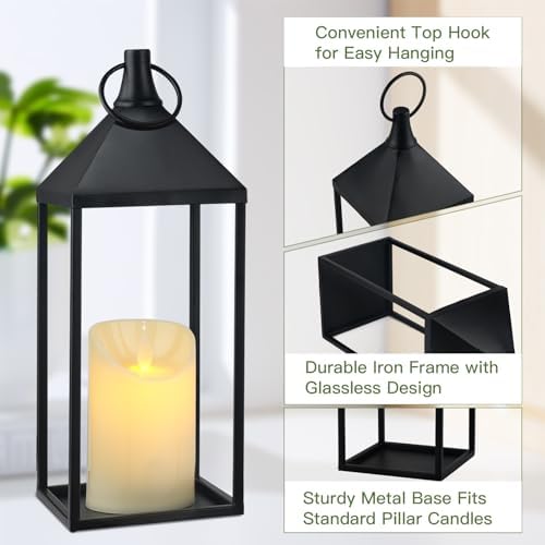 17" 13" Modern Farmhouse Candle Lantern Decor Set of 2 Black Metal Candle Lanterns with Flameless Candles, Lanterns Decorative Indoor for Fireplace Mantle Table Outdoor Lanterns for Patio Porch Garden - Image 4