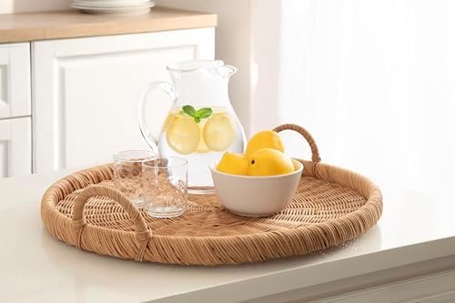 Kate and Laurel Cormont Modern Round Woven Rattan Tray with Handles; 23 Inch Diameter; Natural Rattan; Decorative Circle Boho Tray for Use as Versatile Ottoman Tray or Serving Platter - Image 4