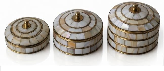 Decorative Jewelry Trinket Box Unique Gift for Home Decor Antique Metal Case with Mother of Pearl Sindoor Box/Coin Box White Pearl Set Round Brass Handmade by HANDTECHINDIA